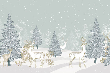 Naklejka premium Hand-Drawn Woodland Deer Scene with Snowfall and Fir Trees, Muted Sage and Soft Blue Holiday Greeting Card Illustration
