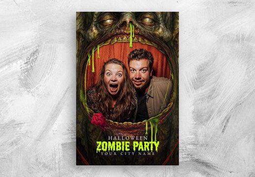 Halloween Flyer Template with Frankenstein Zombie Photo Frame for Haunted House Events