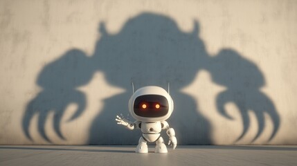 A friendly humanoid robot robot with a dystopian shadow symbolizing a dangerous agentic AI agent using AGI superintelligence for ASI autonomy during the singularity apocalyps