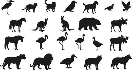 Animal silhouettes vector set, wild animals, domestic pets, birds, bear, lion, moose, horse, cat, dog, kangaroo, flamingo, wildlife illustration
