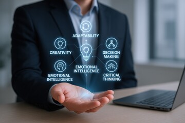 Professional displays key skills and attributes including creativity, adaptability and emotional intelligence in business