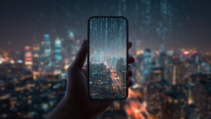 Hand holding phone displaying city skyline overlayed with digital data streams at night