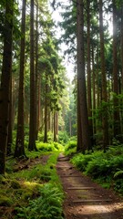 Obraz premium A sun-drenched forest path winds through tall trees, dappled with sunlight and vibrant greenery.