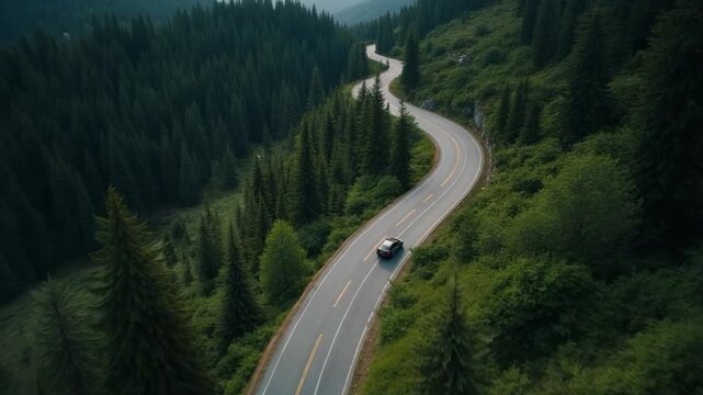 Aerial top down drone shot above the winding mountain road between the trees near Passo Giau in Dolomites, Italy. Overcast late summer weather. Car driving through the curve 4K. Flying straight up