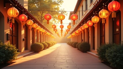 A pathway between buildings, decorated with red lanterns and green shrubs, bathed in warm light.