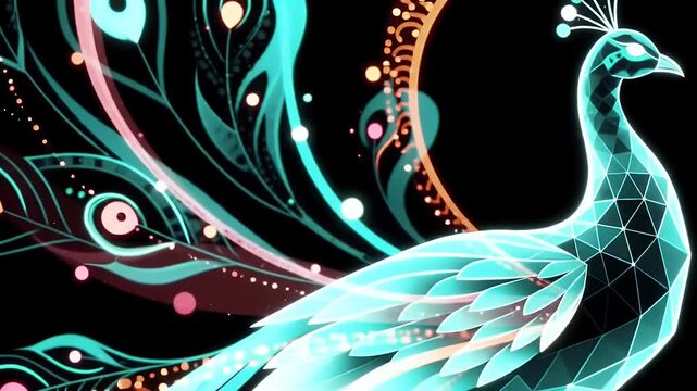 Glowing Teal Peacock with Abstract Feathers on a Sleek Geometric Design on Dark Background