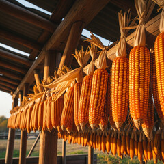 Traditional Corn Drying Under Rustic Wooden Shelter &ndash; Rural Farming Scene