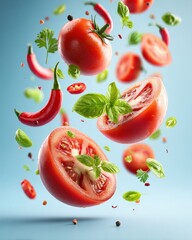 Fresh Tomatoes and Spices Floating in Air, Creative Food Photography, Healthy Ingredients, Culinary Art