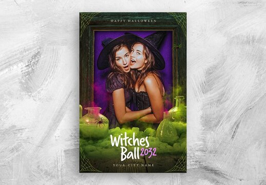 Halloween Flyer Template with Wooden Photo Frame and Witchcraft Theme with Magic Potion Scene
