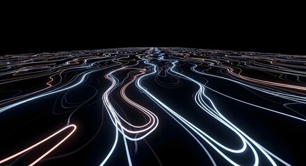 Dynamic Abstract Light Trails Weaving a Complex Digital Network