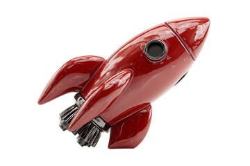 Red rocket ship launching upwards, isolated on black background.