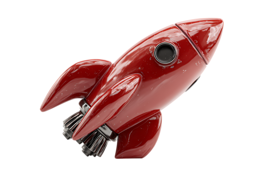 Red rocket ship launching upwards, isolated on black background.