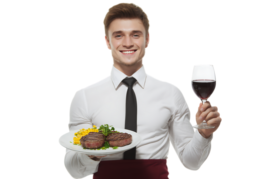Smiling waiter serving steak and wine