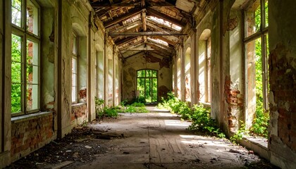 Fototapeta premium Sun-drenched, overgrown ruin hallway