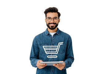Happy man online shopping with tablet.