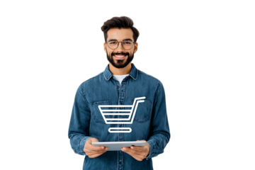 Happy man online shopping with tablet.