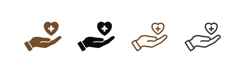Heart in hand icons set.Hands holding heart icon.Love icon. Health, medicine symbol.Caring hands offer heart with medical cross symbol,Healthcare hands holding heart flat and line style - stock vector