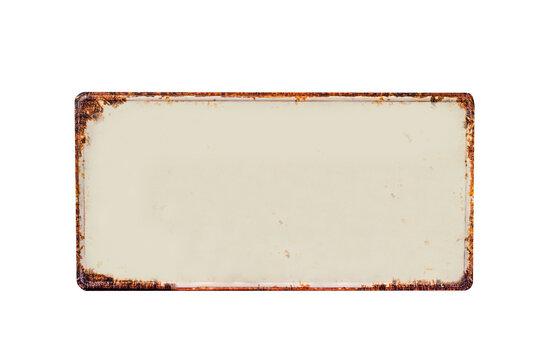 Blanked rusted vehicle license plate isolated on white background