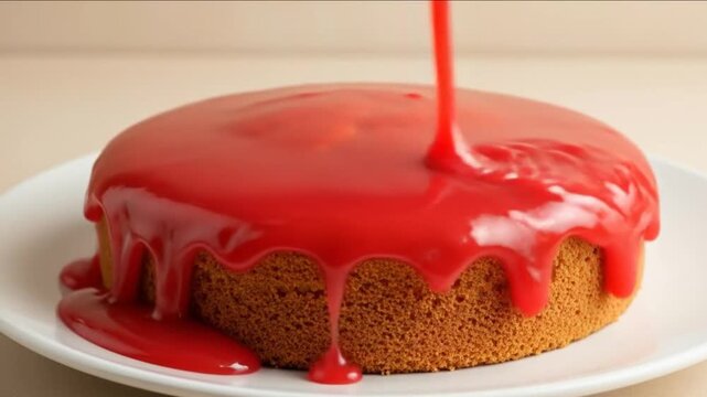 Red glaze being poured onto a freshly baked cake on a white plate in a well lit environment
