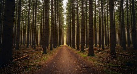 Fototapeta premium Perspective view of a straight path disappearing into a dense, dark forest with a mysterious light at the end