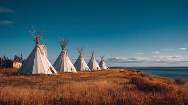 Several traditional tepees stand on a grassy coastal plain, overlooking a tranquil body of water under a vast azure sky.