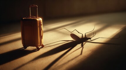 Image of a modern suitcase under harsh light, a giant mosquito perched on top. Metaphor for hidden health risks in global travel and the spread of tropical disease
