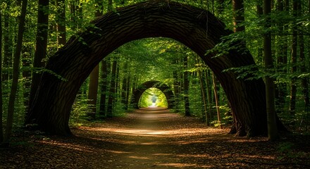 A tranquil passage through a mystical forest tunnel formed by woven wooden arches, with sunlight creating a path forward
