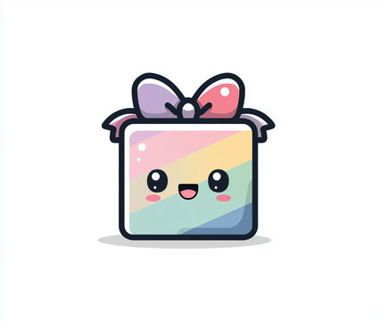 ustraci&oacute;n animada de caja de regalo con cara sonriente, colores pastel y lazo decorativo, ideal para dise&ntilde;o infantil, packaging festivo, stickers digitales y contenido visual alegre y creativo. Kawaii