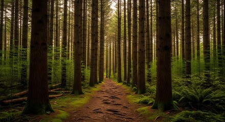 Obraz premium Path Through a Dense Forest An Enchanting Journey into Nature's Embrace and Serenity