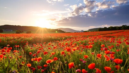 A vast field of vibrant red poppies stretches out under a beautiful sunset sky, bathed in warm golden light.