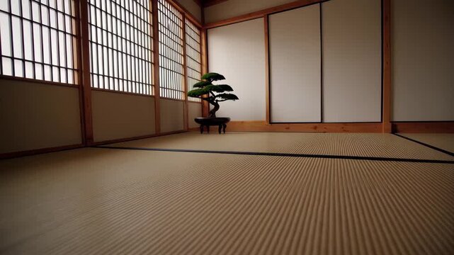 This video presents a serene traditional Japanese tatami room with shoji screens, natural light, and a bonsai plant. Simple design and elegant decor create a peaceful space for meditation, tea, or rel