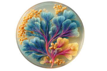 Petri dish displays colorful bacterial growth patterns in a microbiology lab test on transparent background