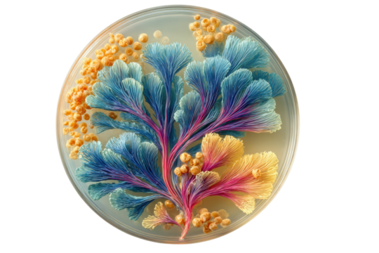 Petri dish displays colorful bacterial growth patterns in a microbiology lab test on transparent background