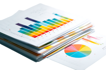 Stack of papers with colorful bar and pie charts. Financial report, business analytics concept.