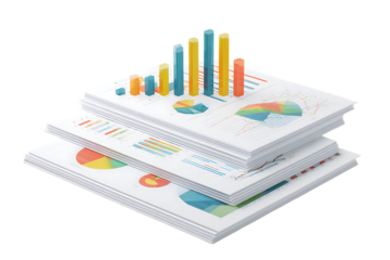 Stack of papers with colorful charts and graphs.