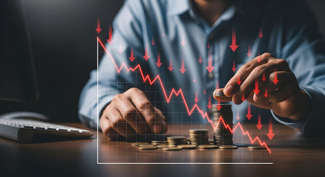 Investor sees dramatic financial loss and economic decline with downward trending chart and falling coins