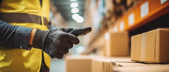 Warehouse Worker Scanning Packages with Barcode Reader for Efficient Inventory Management and Order Fulfillment