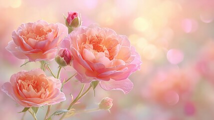 Obraz premium Delicate Peach Roses in Soft Focus: Floral Elegance for Wedding, Mother's Day, and Romantic Themes