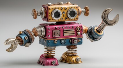 A cute retro robot assistant with tools symbolizing the agentic AI agent using AGI superintelligence for ASI autonomy during the singularity
