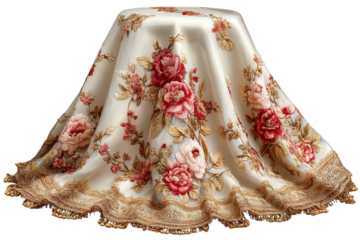 Elegant floral tablecloth with red and pink roses drapes over a round table top on transparent background