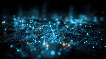 Abstract futuristic blue network background with connecting lines, data transmission, artificial intelligence and neural network concept