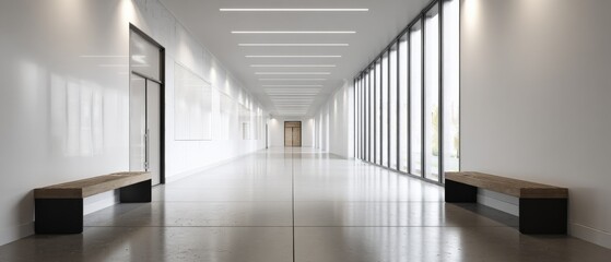 Obraz premium Modern Hallway Interior with Benches and Natural Light, Featuring a Minimalist and Streamlined Design