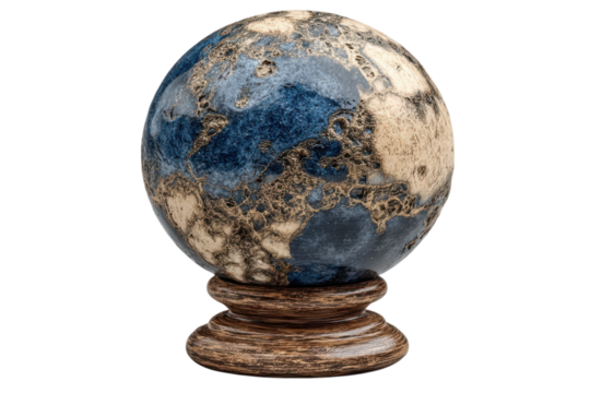 Decorative globe with blue oceans and continents on a wooden pedestal stand on transparent background