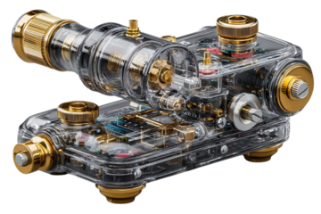 Transparent engine model showcasing intricate internal components and golden accents on transparent background