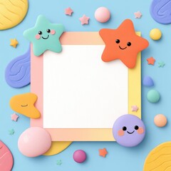 Fototapeta premium whimsical pastel floral poster layout - Colorful Cute Cartoon Frame with Smiling Stars and Shapes on Blue Background