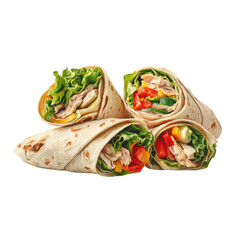 Three whole wheat wraps filled with chicken, lettuce, bell peppers, and cheese, arranged in a visually appealing pile