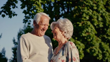 An elderly couple stands together outdoors, sharing a joyful moment under the trees on a sunny day. Their warm smiles and close connection capture love and happiness, highlighting the beauty of lastin