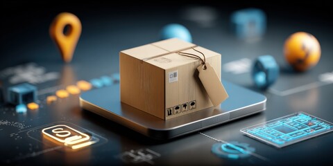 Parcel delivery on digital platform, showcasing logistics technology and e-commerce solutions with interactive graphic interface
