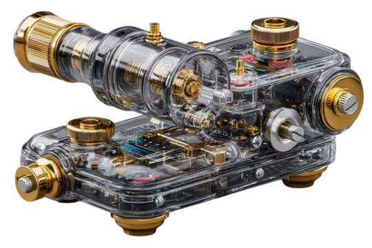 Transparent engine model showcasing intricate internal components and golden accents on transparent background