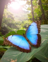 A vibrant blue morpho butterfly rests gracefully on a lush green leaf, bathed in the soft sunlight filtering through a tropical forest.